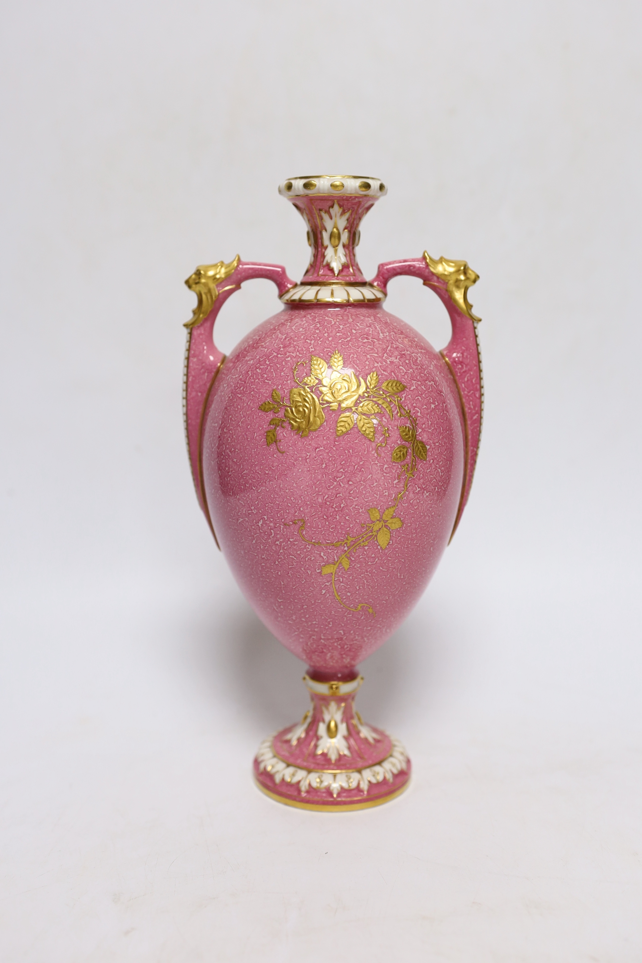 A Royal Worcester pink ground rose painted vase, signed Sedgley, 23.5cm